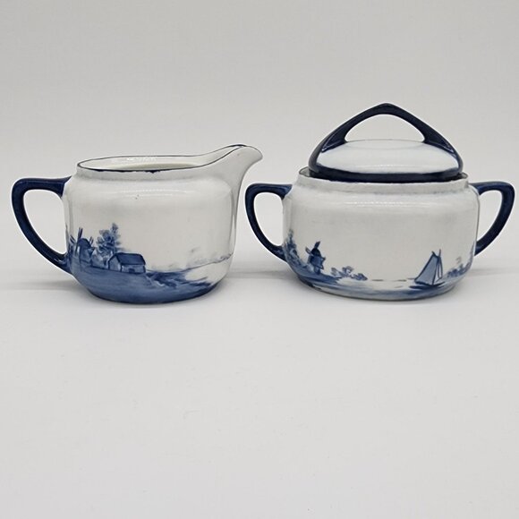 Blue and White Porcelain Cream and Sugar Bowl Nautical Lighthouse Sailboat VTG - Picture 4 of 11